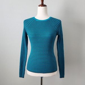 GAP Stretch Crewneck Ribbed Top / Light Sweater, Blue With Black Stripes, Small